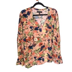 Eloquii Peach Floral‎ V-Neck Tie Front Tiered Sleeve Blouse Sz 22 Boho Chic